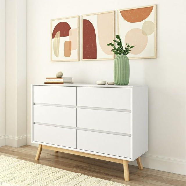 White and Blonde Solid Wood Mid-Century Modern 6-Drawer Dresser