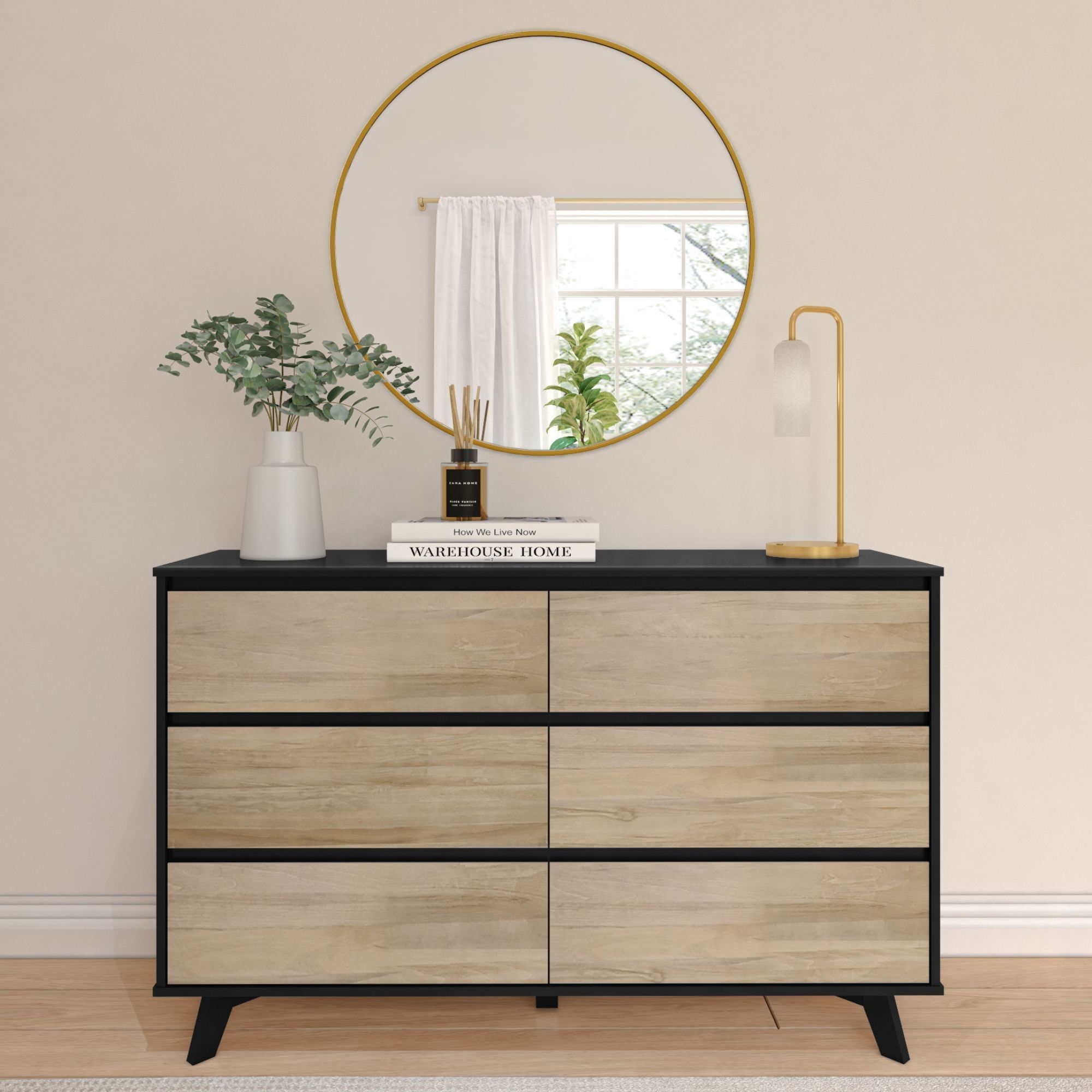 Black and Blonde Pine Wood 6-Drawer Dresser with MDF