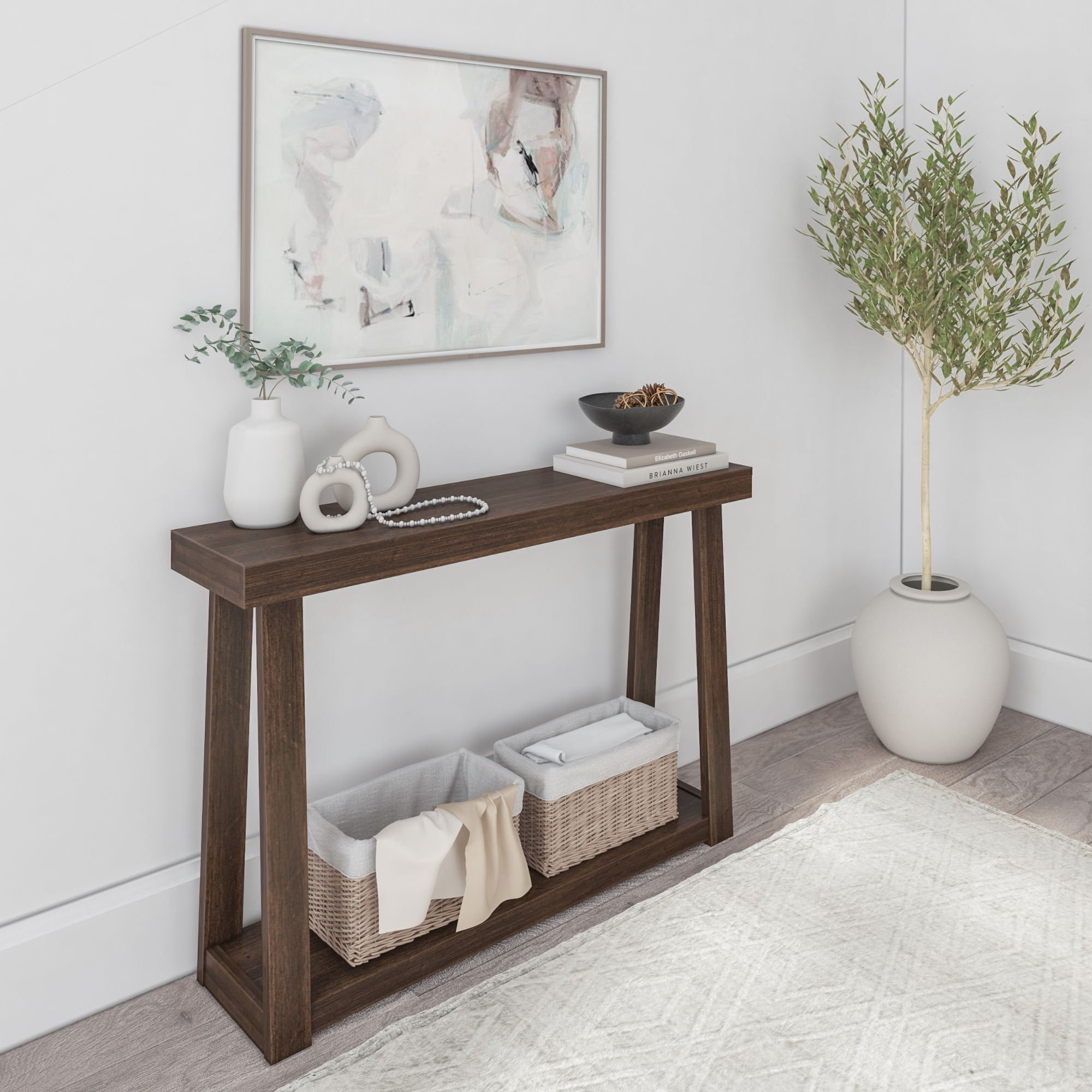 Walnut Solid Pine Wood Console Table with Storage Shelf