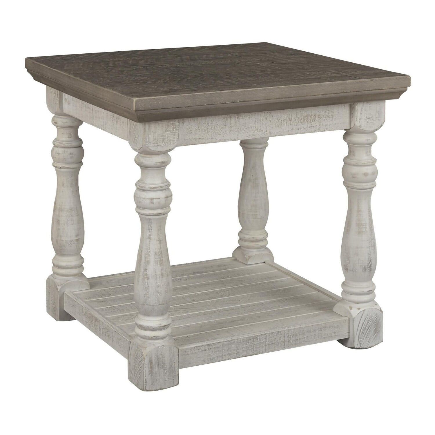 White and Gray Farmhouse End Table with Storage Shelf