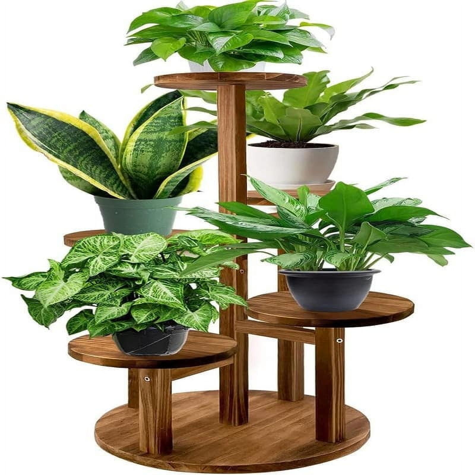 Walnut 5-Tier Round Pine Wood Corner Plant Stand