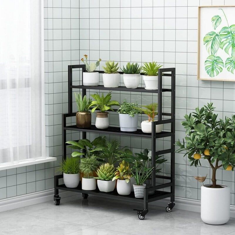 Black 3-Tier Metal Indoor/Outdoor Plant Stand with Wheels