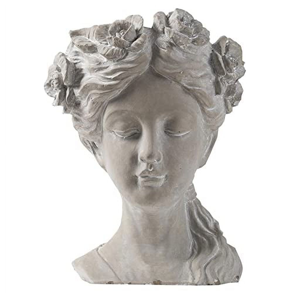 Gray Cement Floral Wreath Lady Head Planter Sculpture