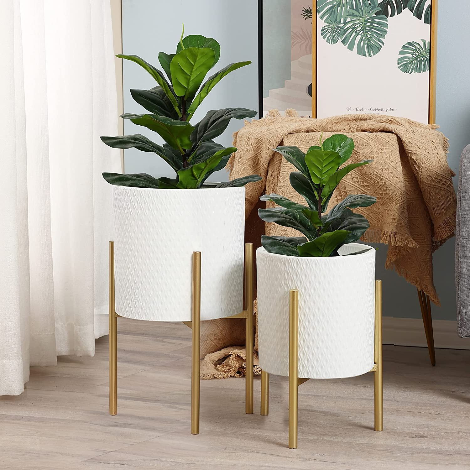 Set of 2 White Round Planters with Gold Metal Stand