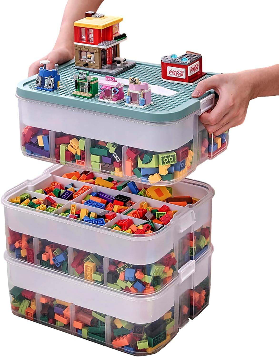 Blue Stackable Plastic Toy Storage Organizer with Adjustable Compartments