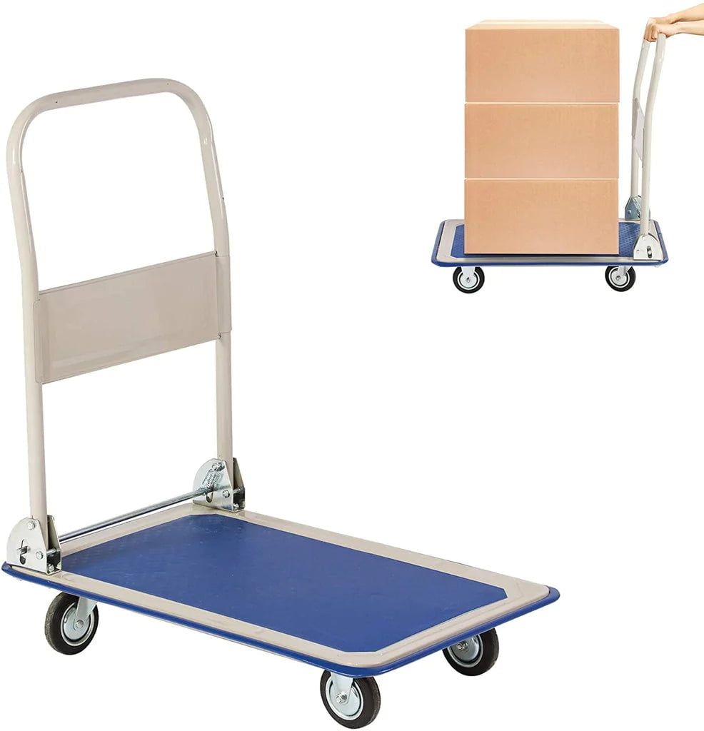 Heavy-Duty Blue Steel Folding Platform Hand Truck with 4 Wheels