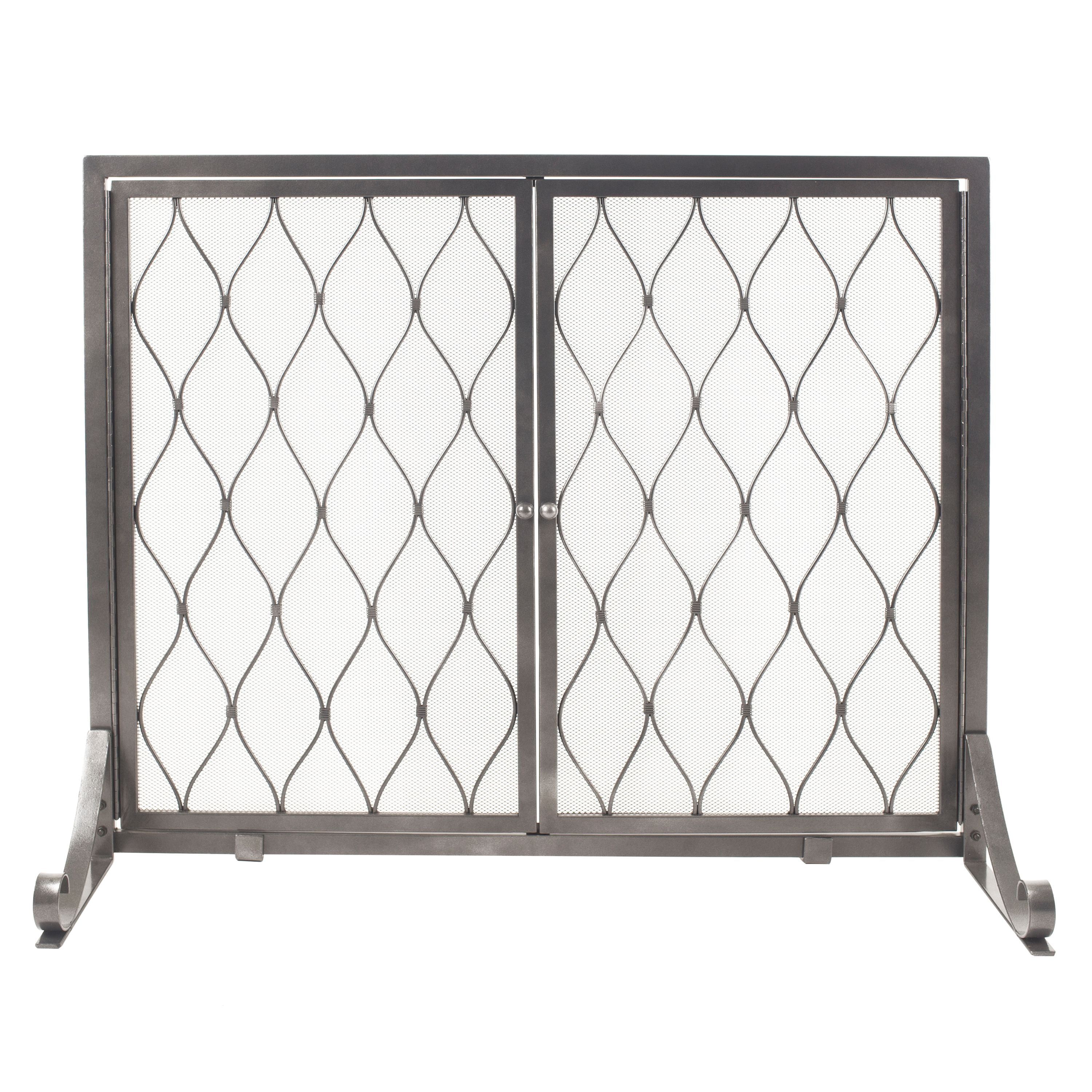 Gun Metal Steel Single Panel Fireplace Screen with Geometric Pattern