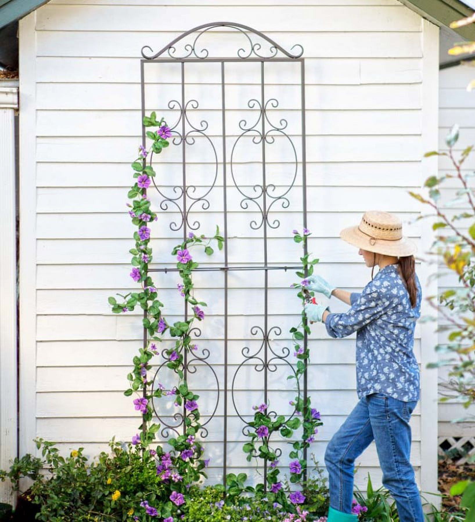 Burnished Bronze Tall Metal Garden Trellis with Scroll Design