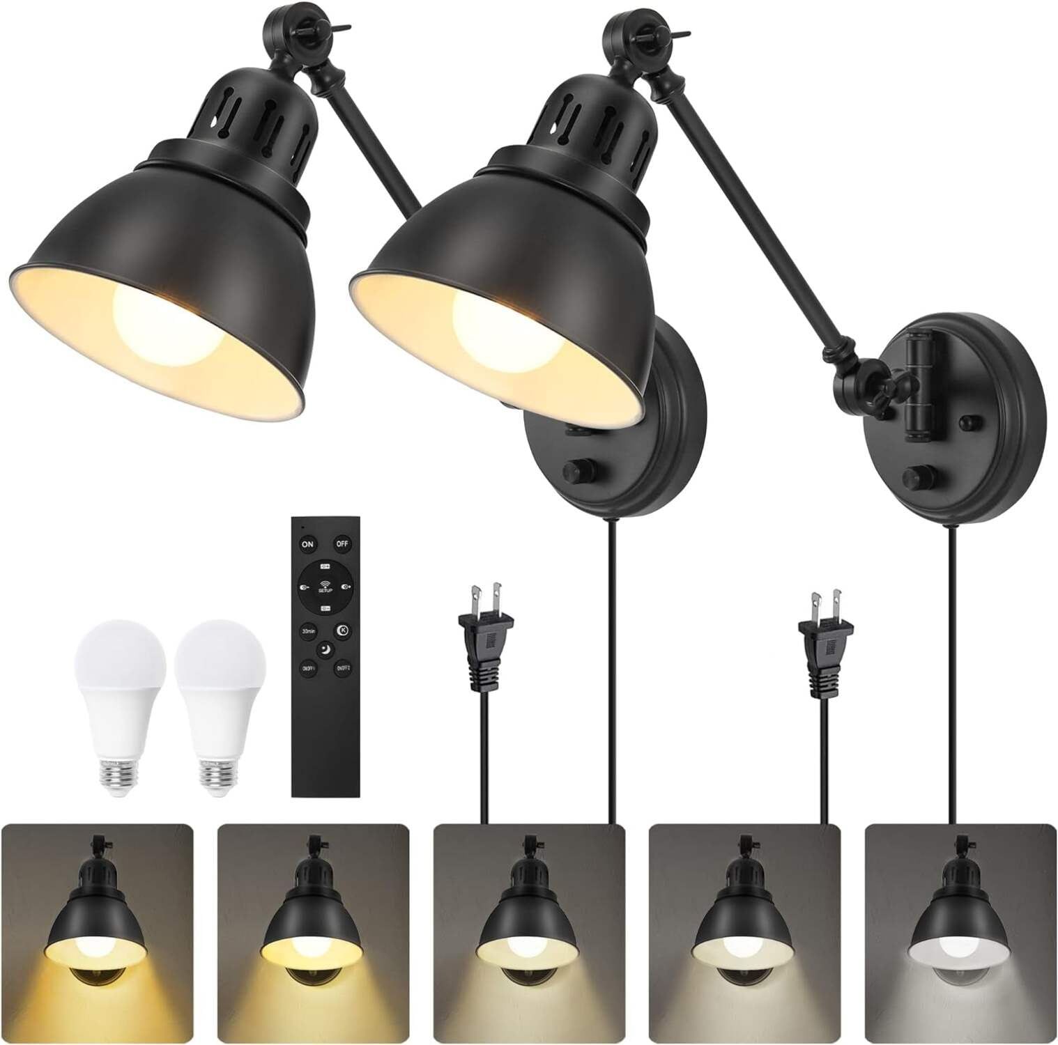 Black Metal Swing Arm Wall Sconce Set with Dimmable Switch