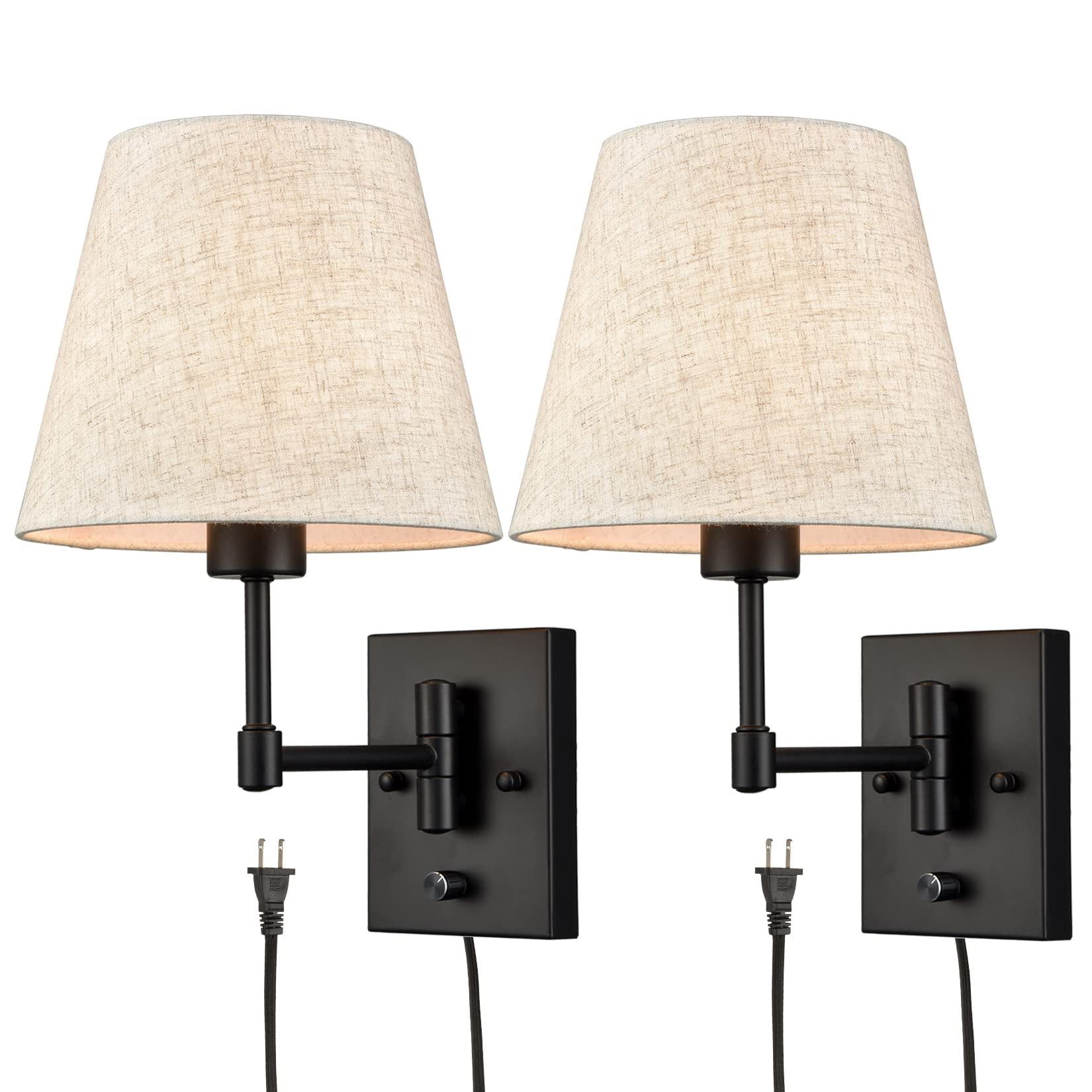 Black Swing Arm Wall Sconce with Beige Fabric Shade