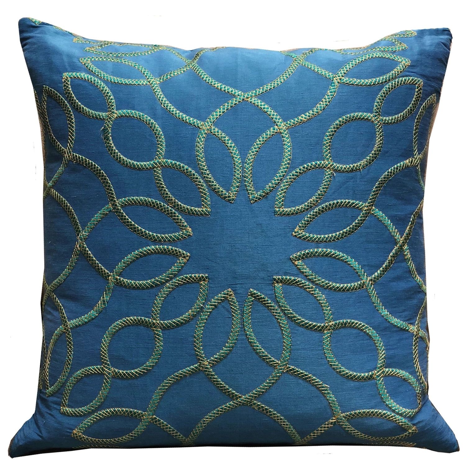 Double Sided Blue and Green Geometric Silk Throw Pillow 18" x 18"