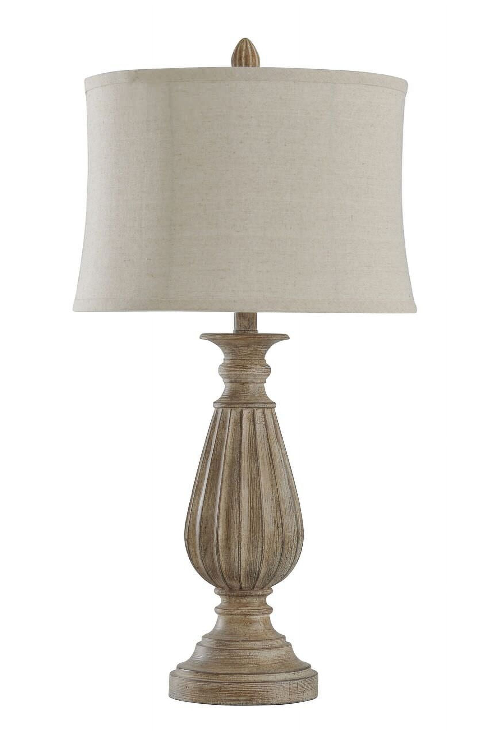 Gray Wood Ribbed Table Lamp with Beige Shade