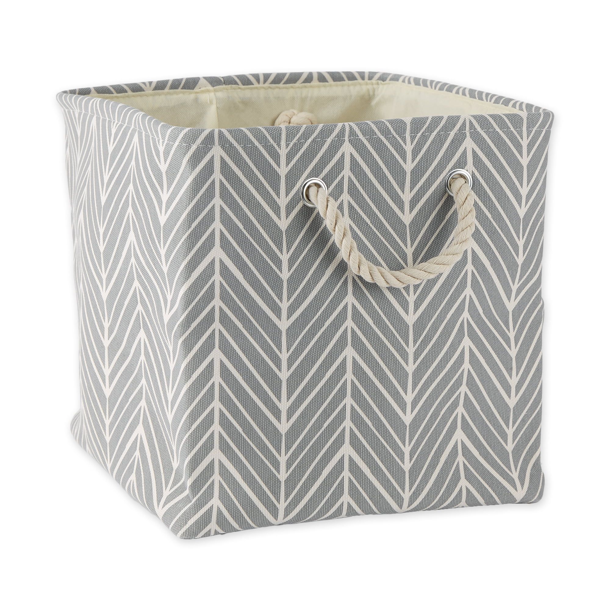 Gray Herringbone Fabric Cube Storage Bin with Rope Handles