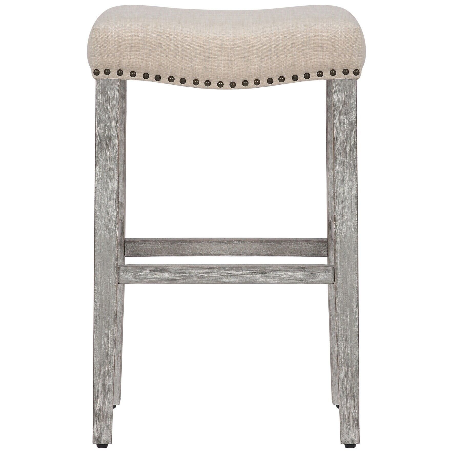 Beige Upholstered Saddle Wood Bar Stool, 29-Inch, Antique Gray Legs