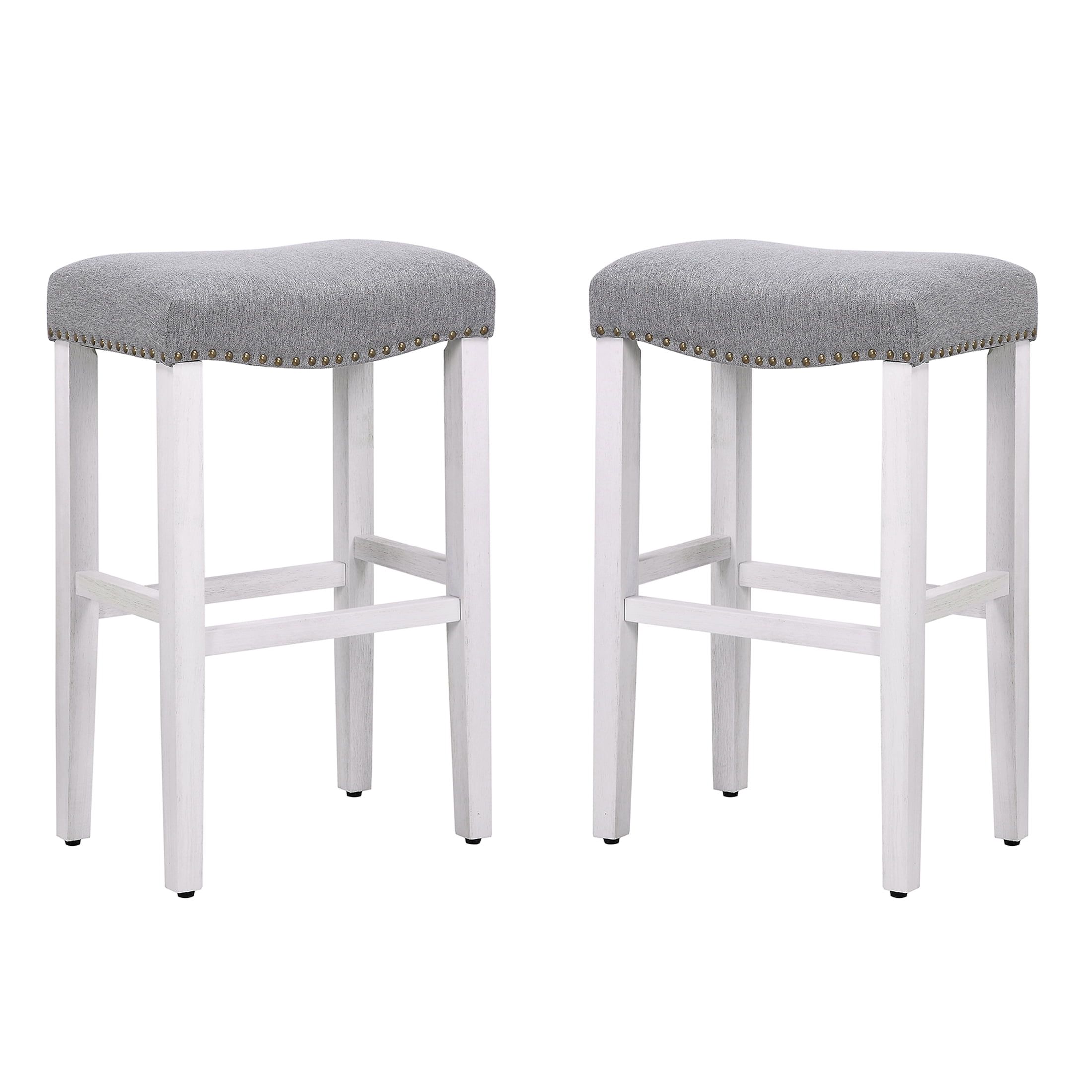 29" Antique White and Gray Upholstered Saddle Seat Counter Stool