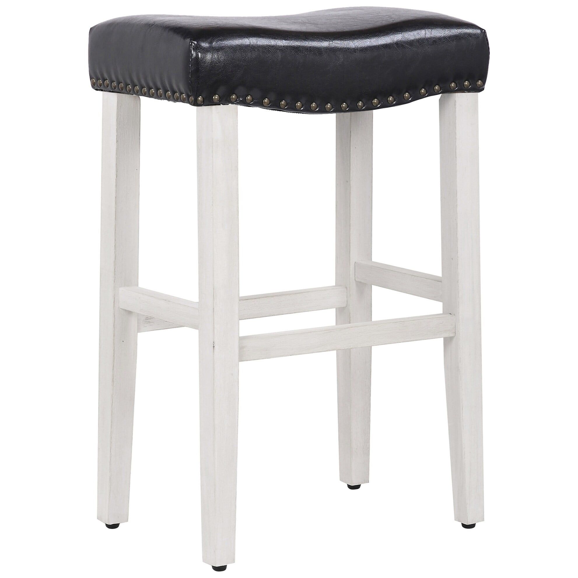 Antique White and Black Leather Saddle Seat Bar Stool, 29"