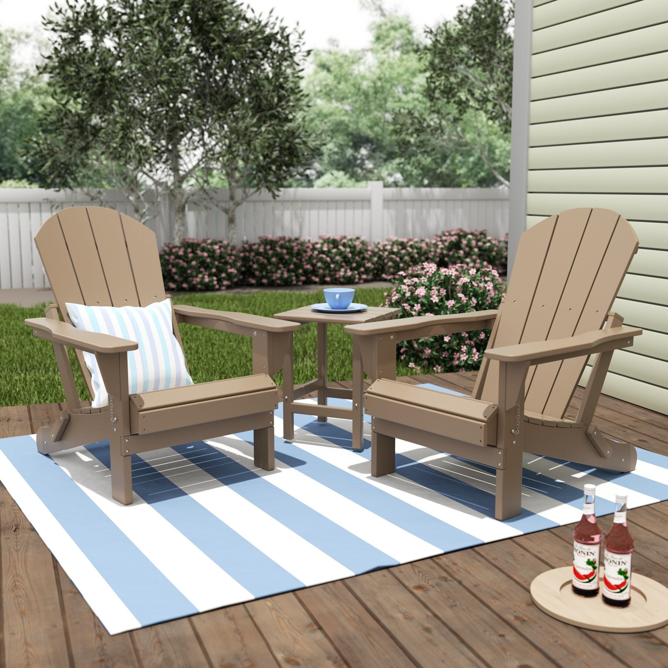 Weathered Wood 3-Piece HDPE Adirondack Chair Set with Side Table