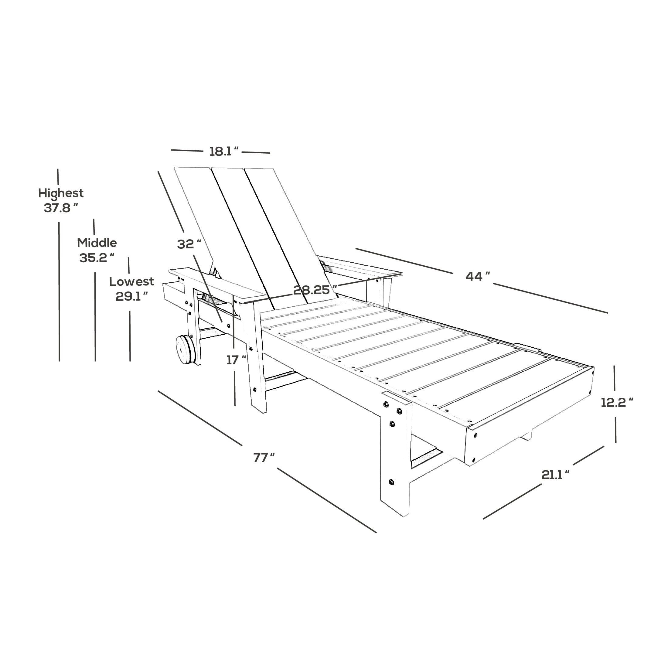 Teak Poly Reclining All Weather Chaise Lounge with Arms and Wheels