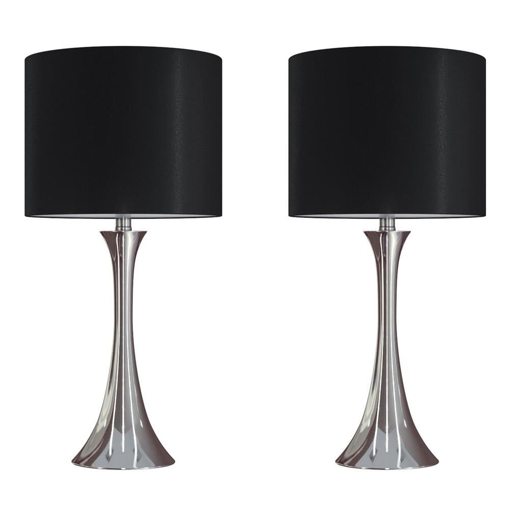 Polished Nickel 24" Table Lamp Set with Black Silk Shade