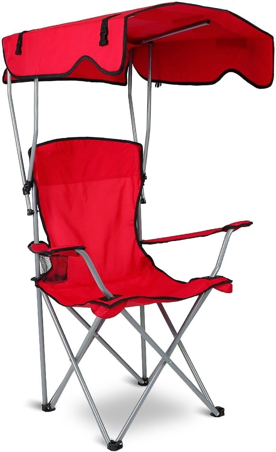 Red Foldable Camping Chair with Canopy and Cup Holder