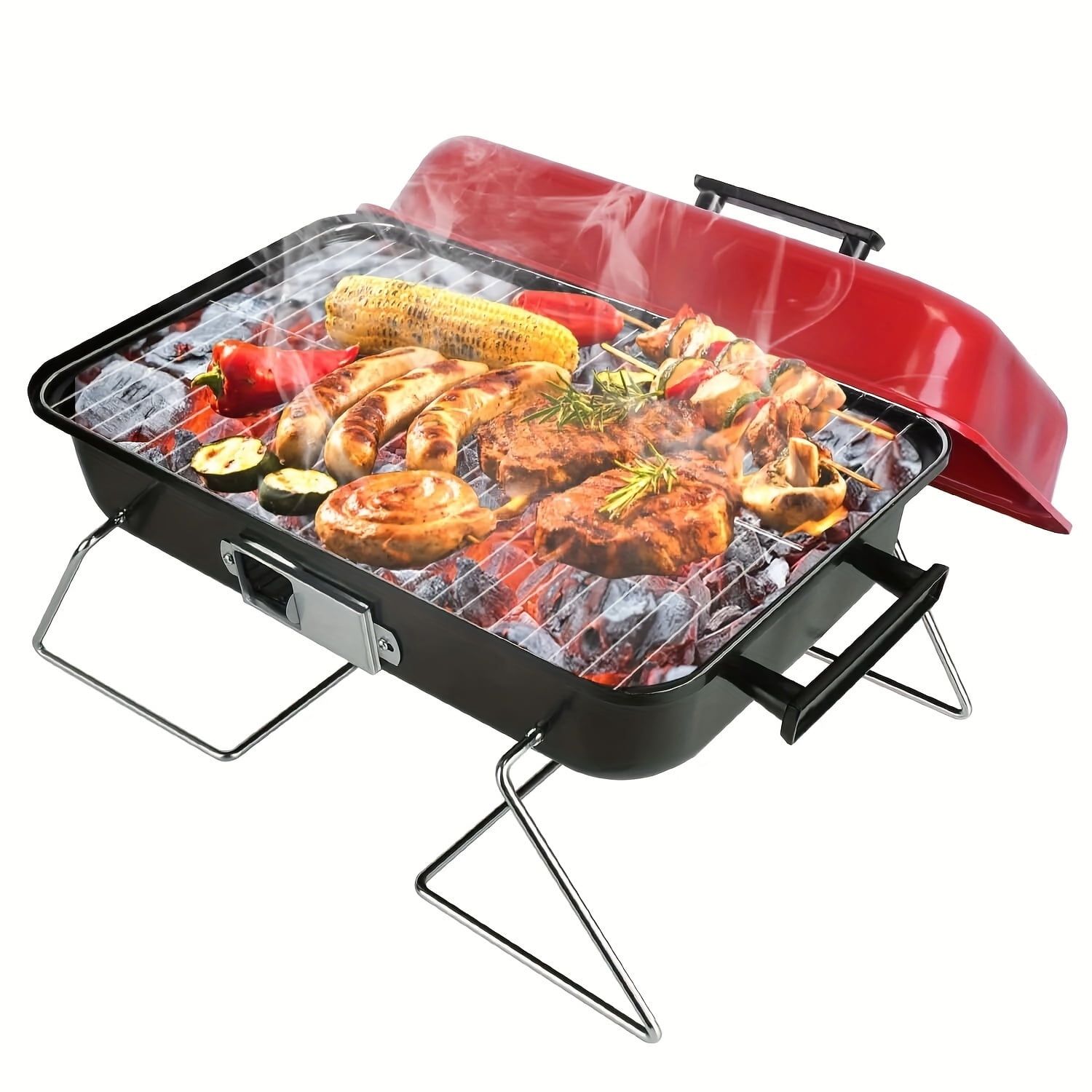 Portable Red and Black Charcoal Grill with Lid for Camping