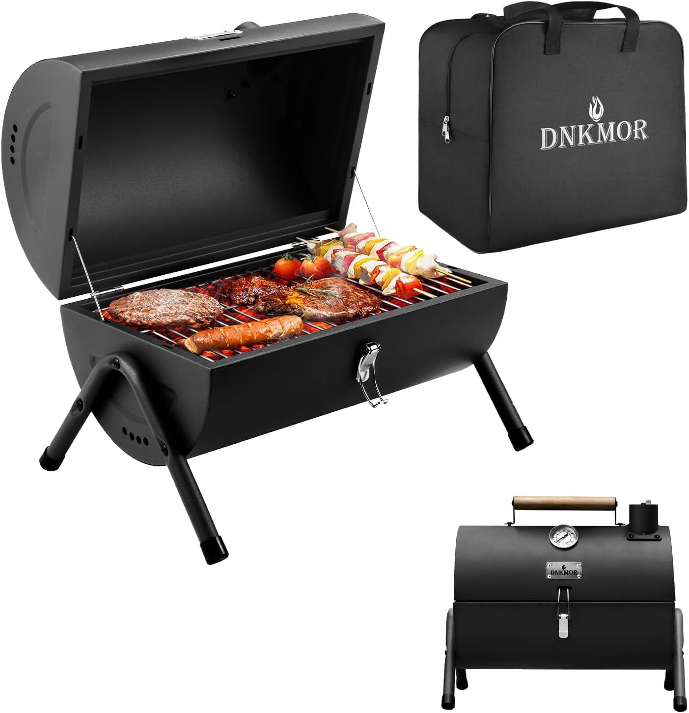 Compact Black Alloy Steel Charcoal Grill with Smoker