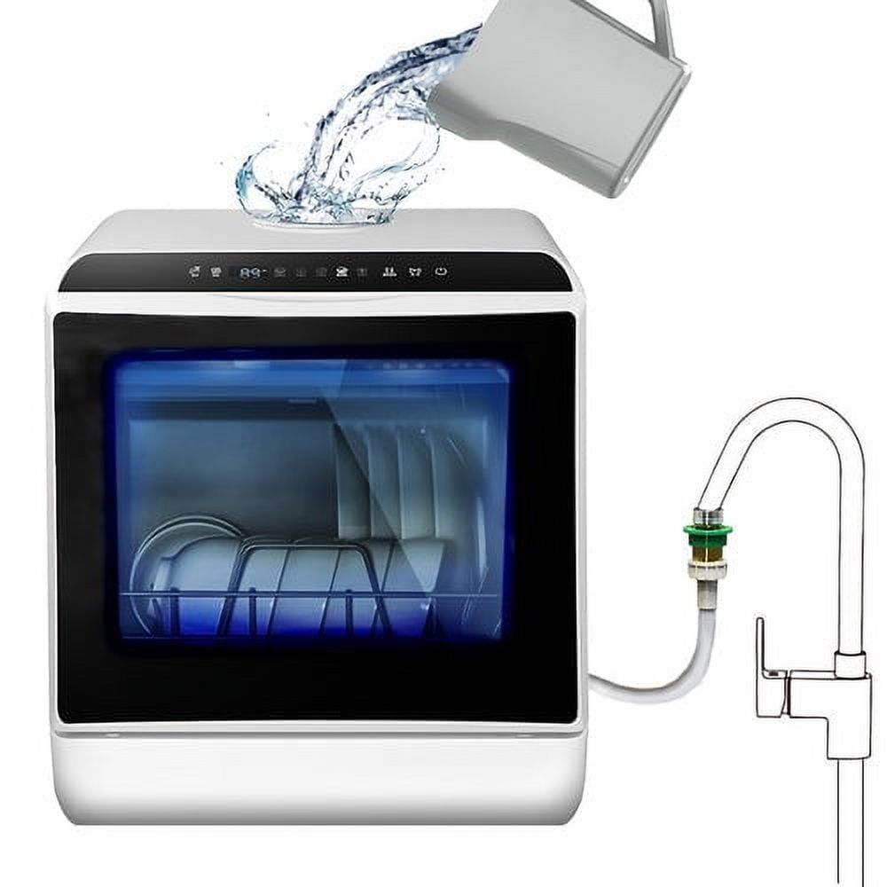 White Portable Countertop Dishwasher with Water Tank and Hose