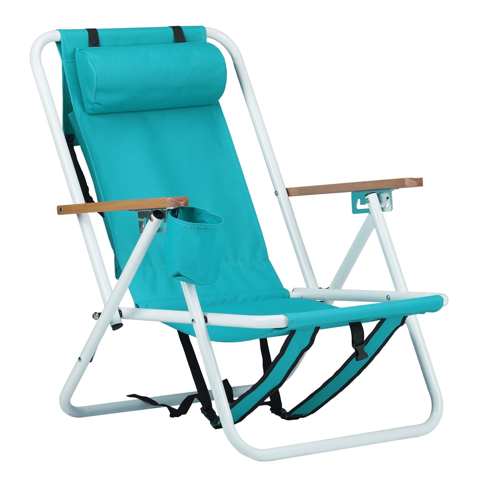 Mint Green Steel Folding Beach Chair with Wooden Armrests