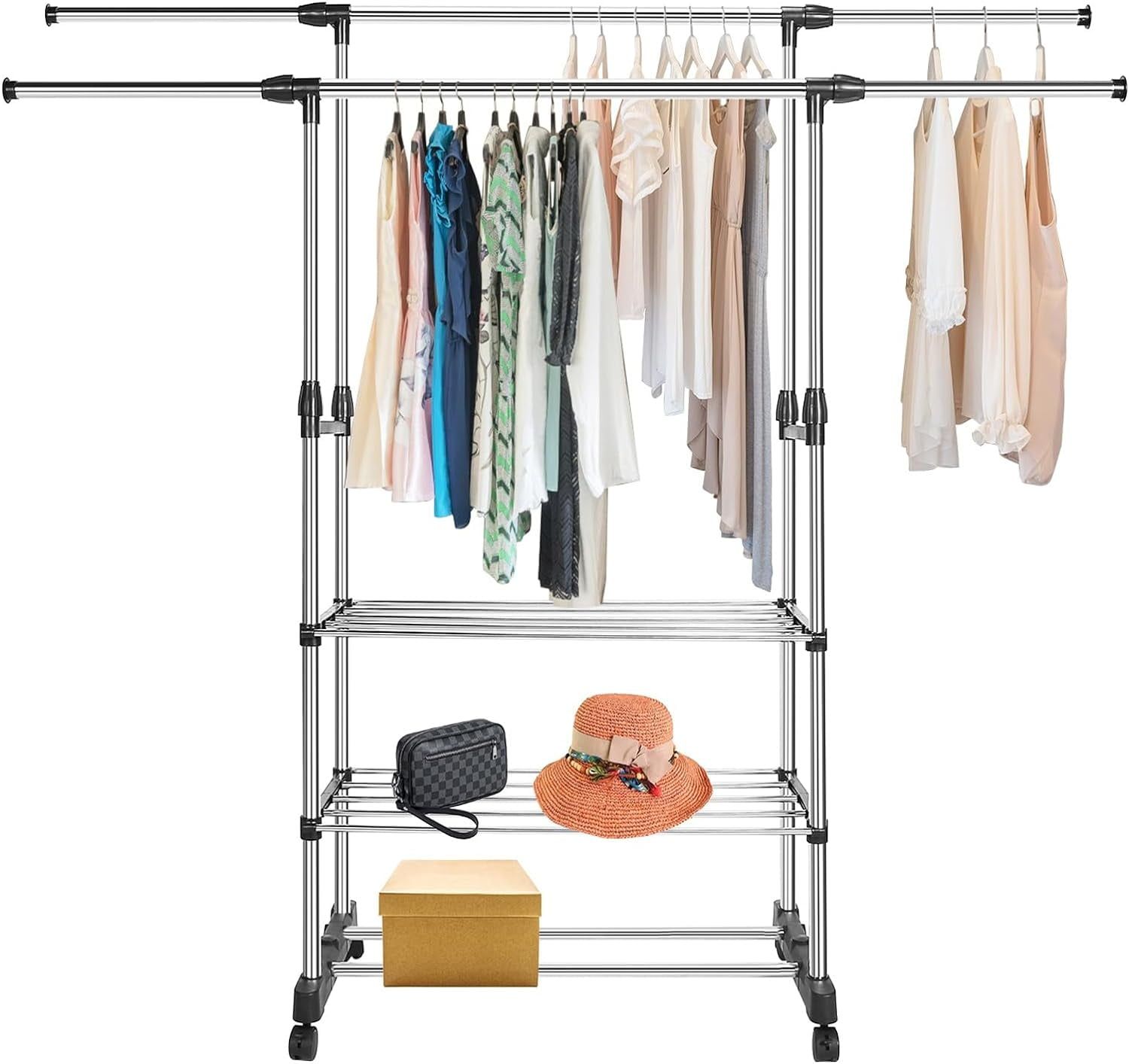 Adjustable Stainless Steel Double Rod Rolling Clothes Rack