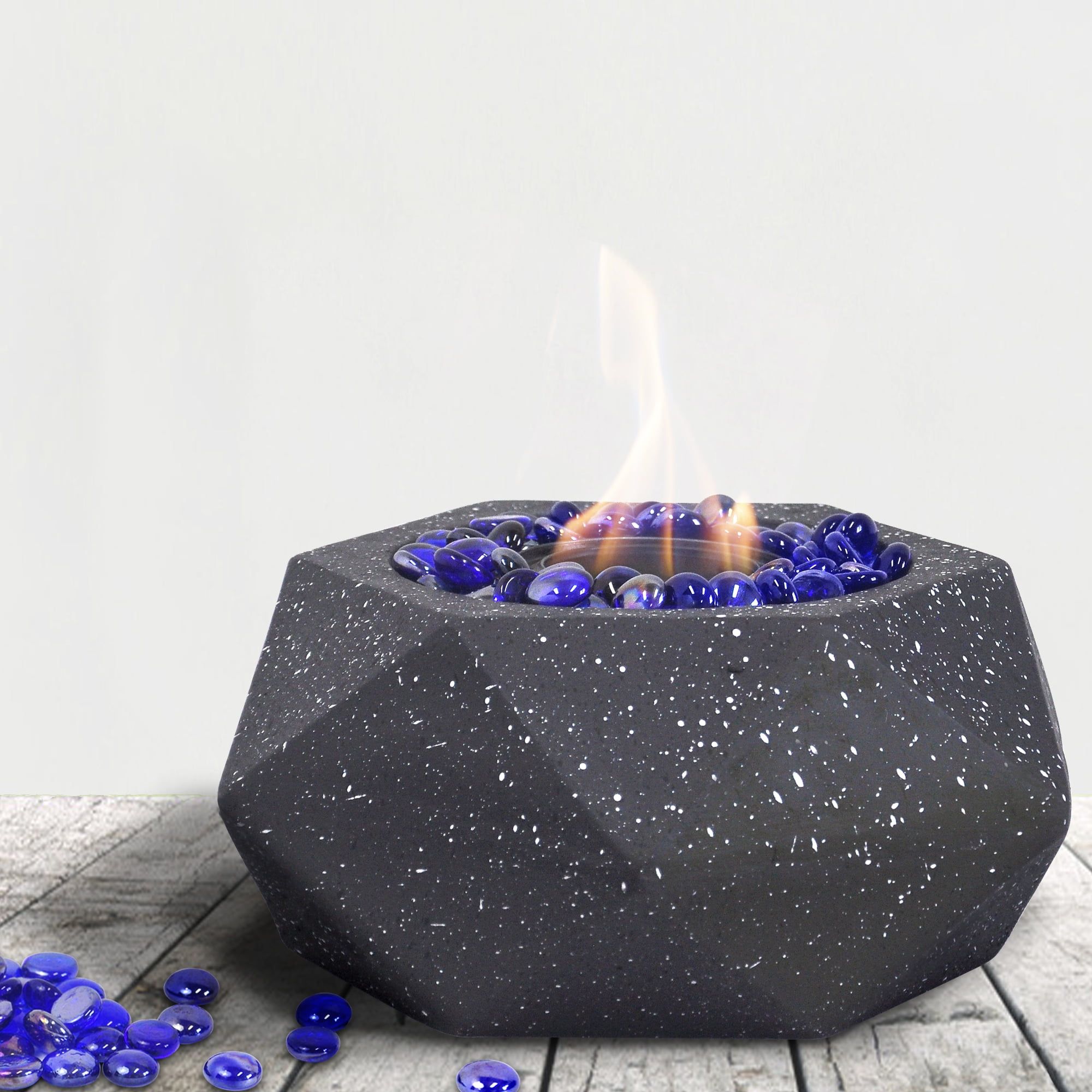 Gray Geometric Tabletop Fire Pit with Blue Stones