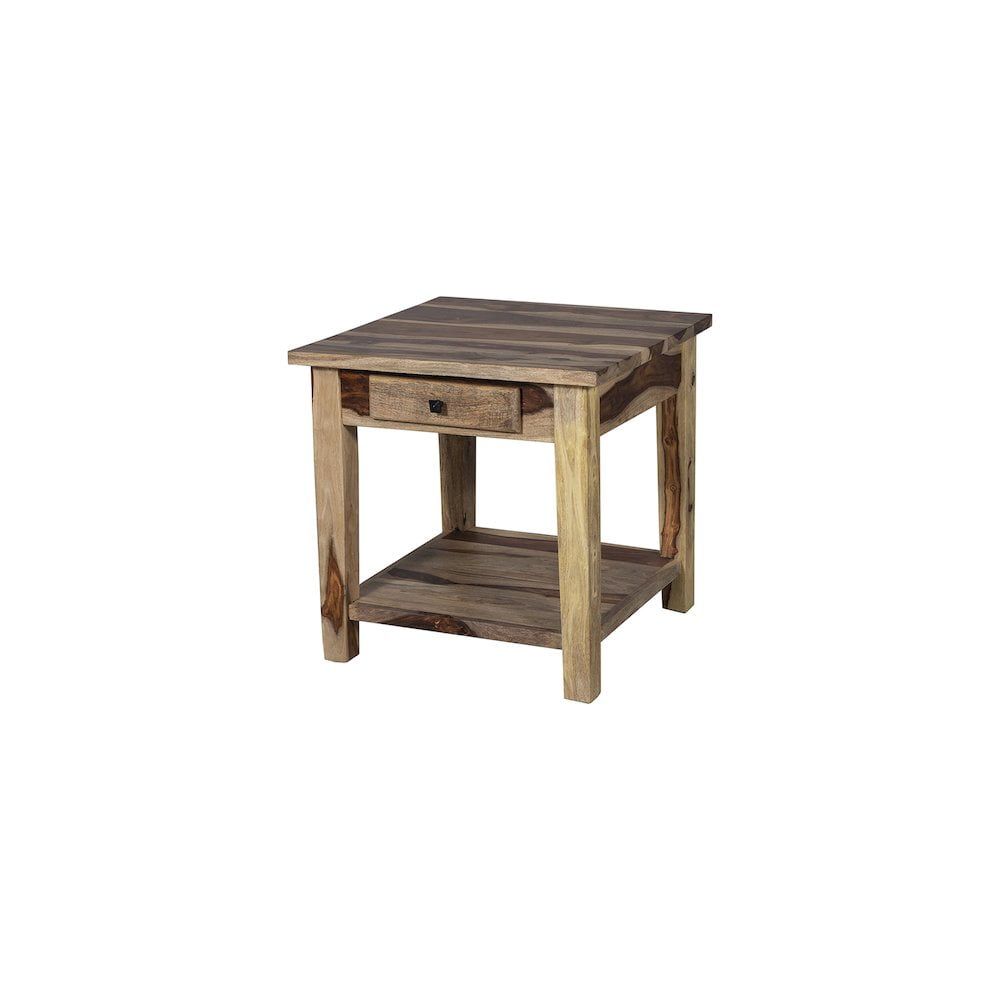 Natural Sheesham Wood Square End Table with Storage