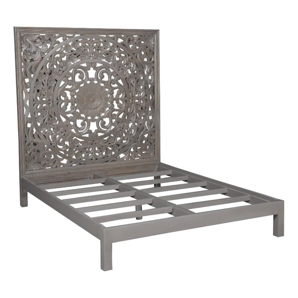 Gray Hand Carved Mango Wood Queen Bed with Floral Motif