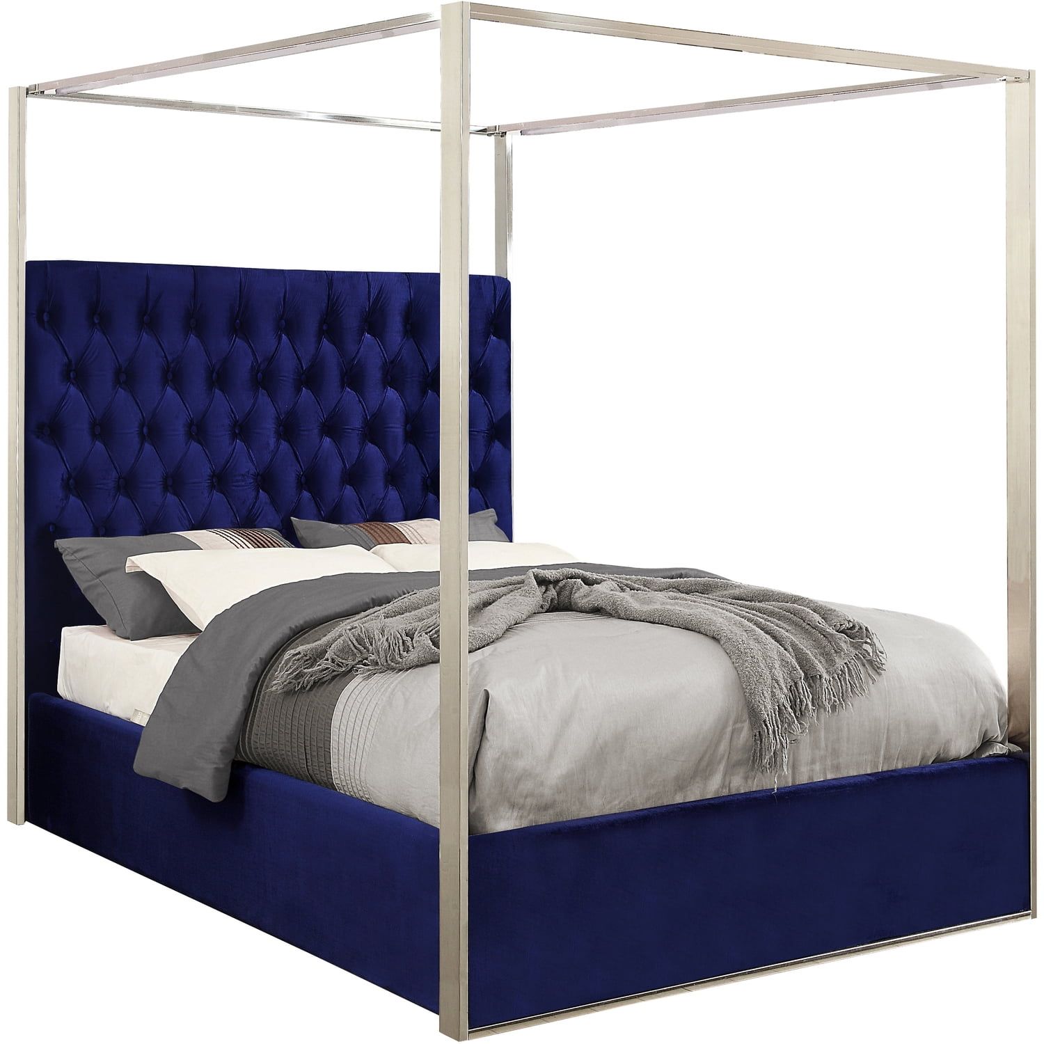 Regal Navy Velvet Tufted King Bed with Chrome Canopy