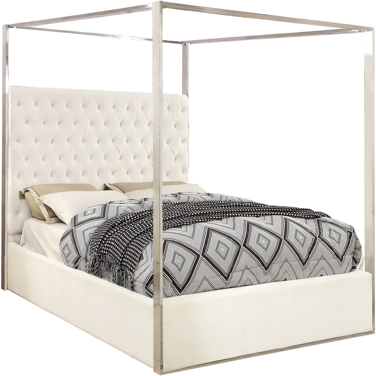 Regal White Velvet King-Sized Canopy Bed with Chrome Accents