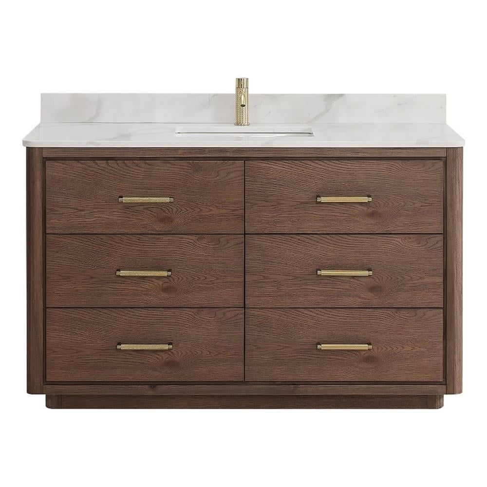 Porto 55" Dark Brown Oak Single Vanity with White Quartz