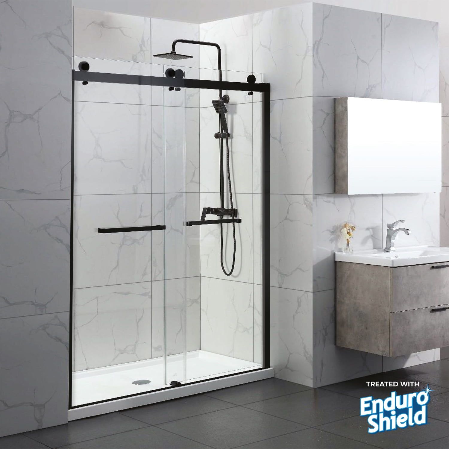 Matte Black Frameless Double Sliding Shower Door with Clear Glass