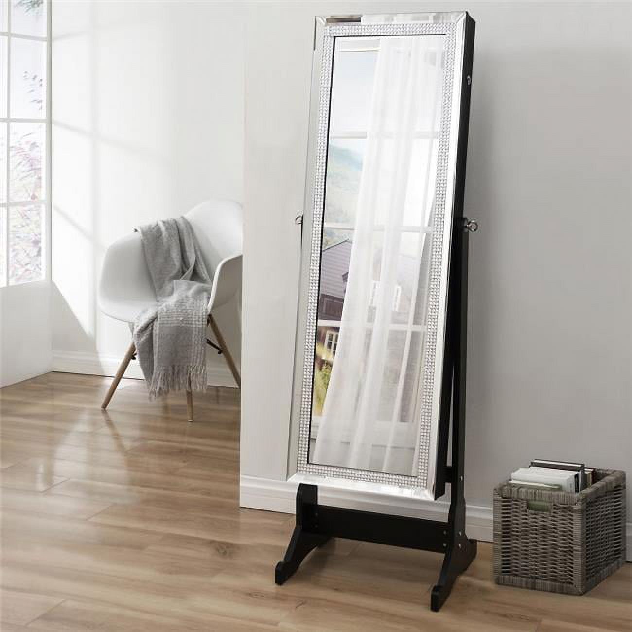 Elegant Black Full Length Mirror Jewelry Armoire with LED Lighting