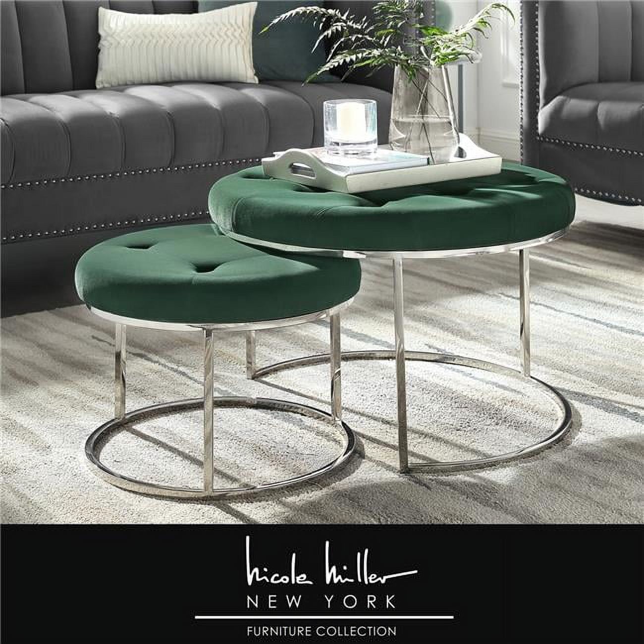 Green Velvet and Chrome Round Tufted Nesting Ottomans Set