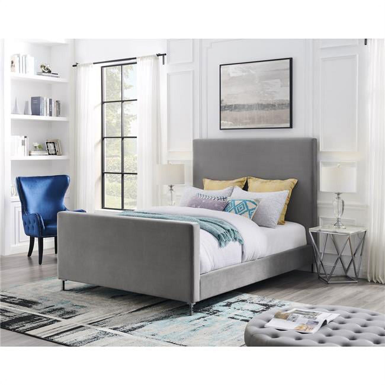 Elegant Gray Velvet Upholstered Queen Platform Bed with Headboard