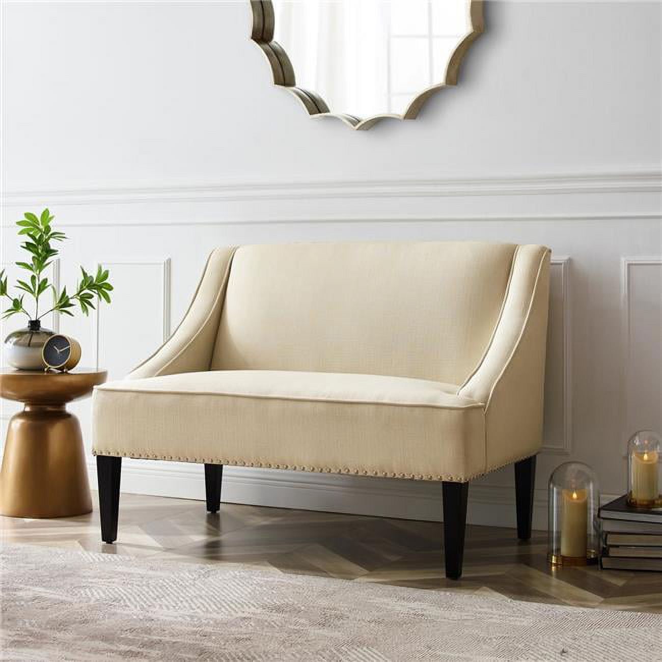 Espresso Finish Beige Linen Upholstered Swoop Arm Settee Bench