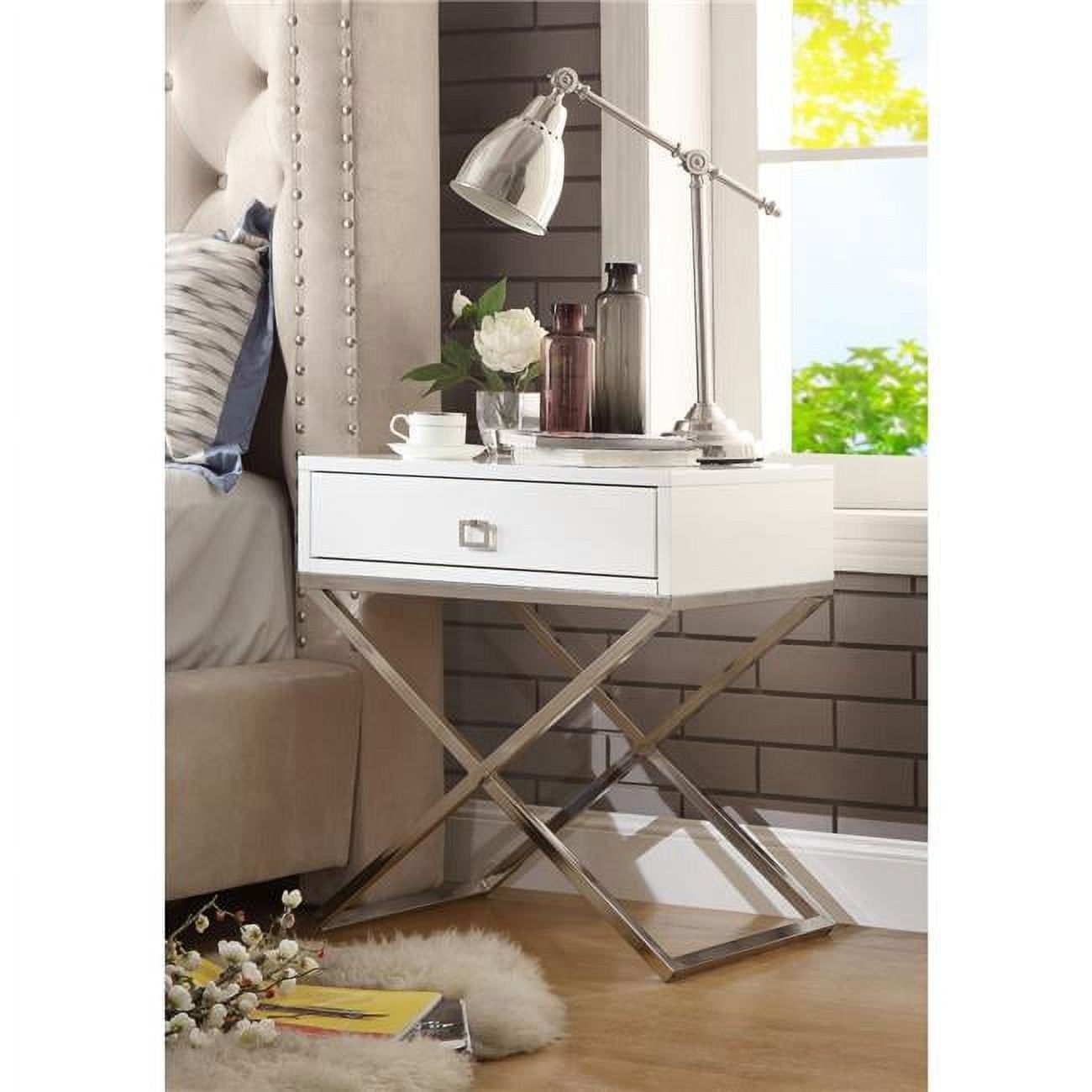 Modern White Lacquer & Chrome X-Leg Side Table with Drawer