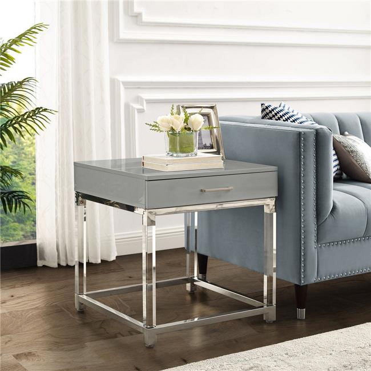 Light Grey and Chrome 1-Drawer End Table with Acrylic Legs