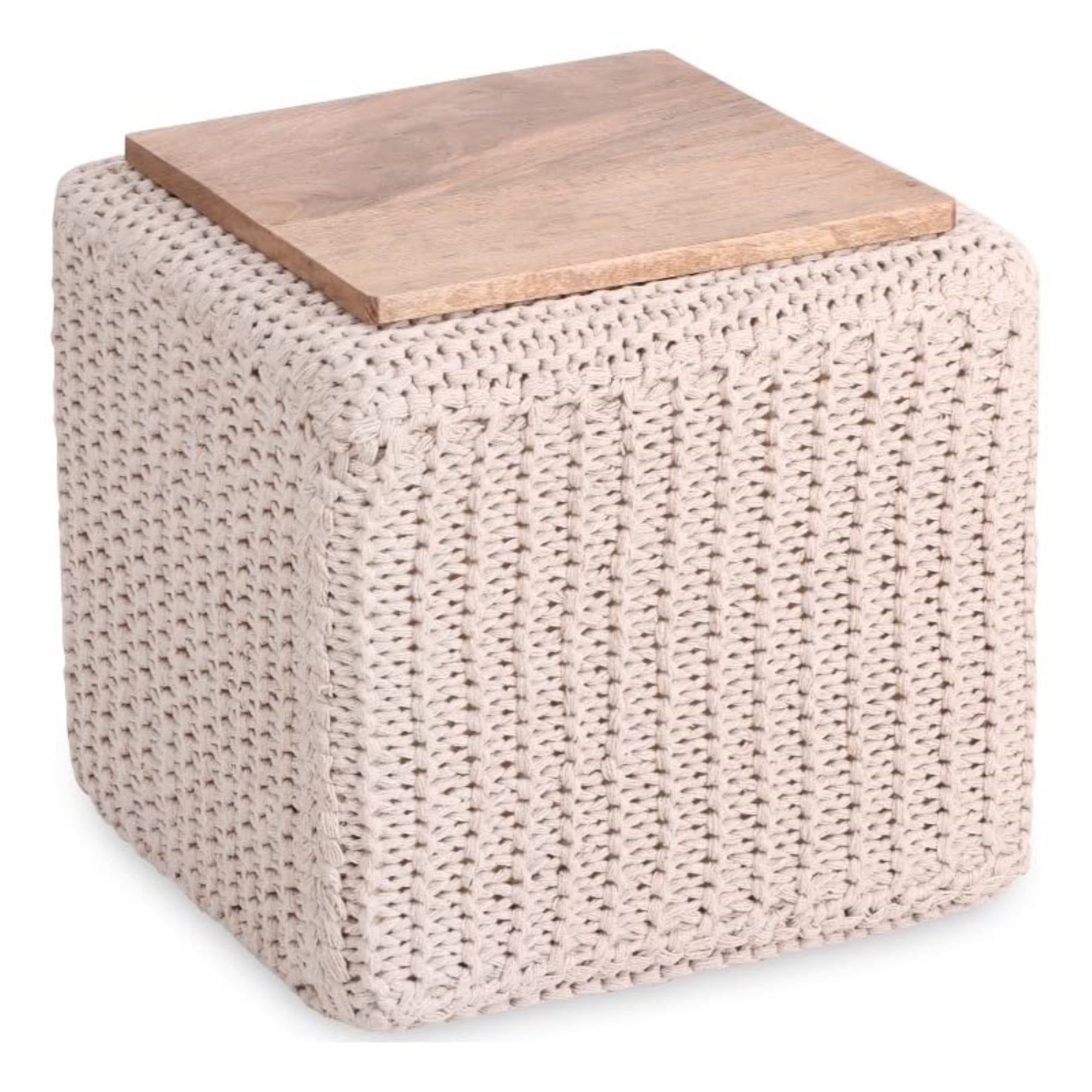 Ivory Cotton Yarn 3-in-1 Pouf Ottoman with Wooden Tray