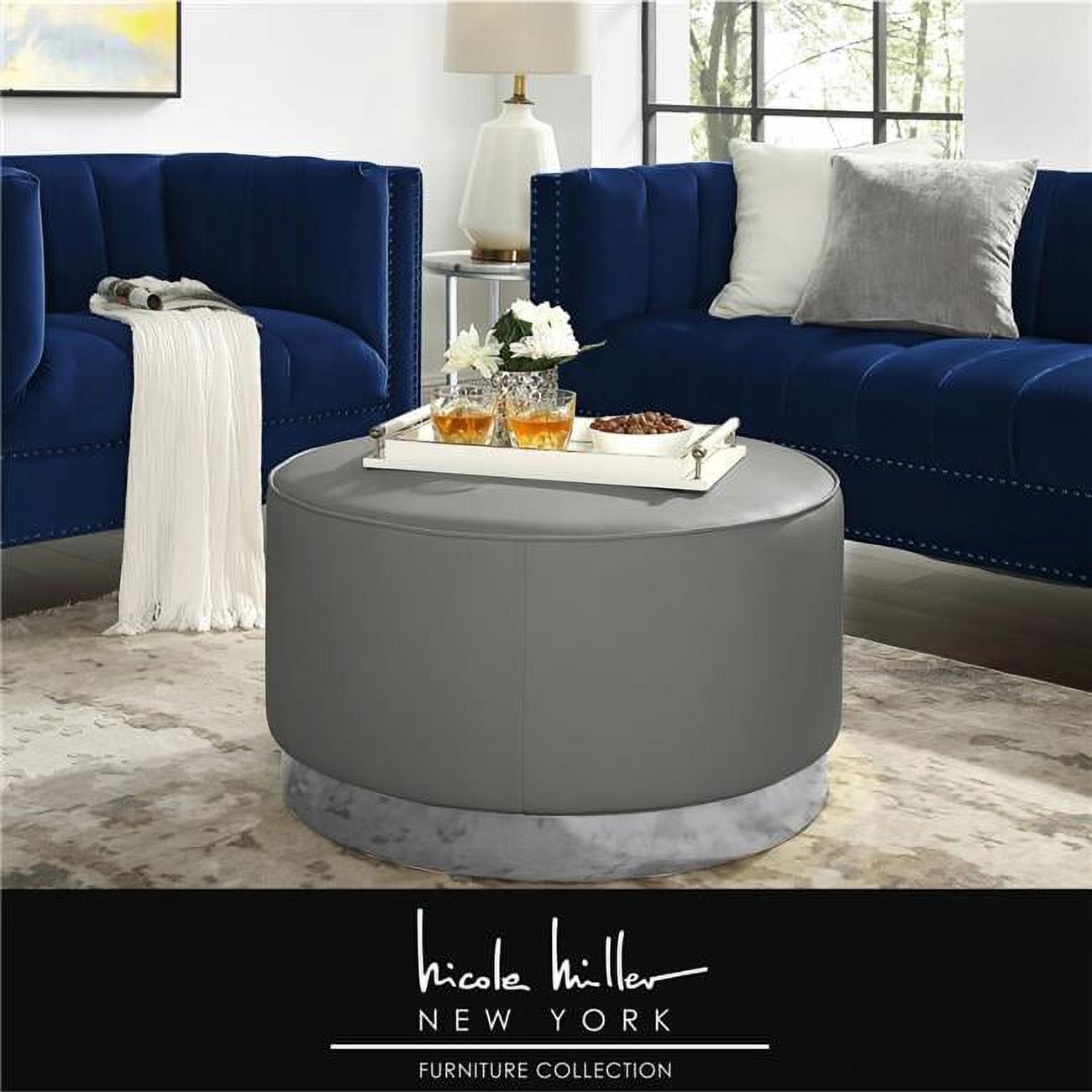 Contemporary Round Tufted Ottoman in Gray with Chrome Base