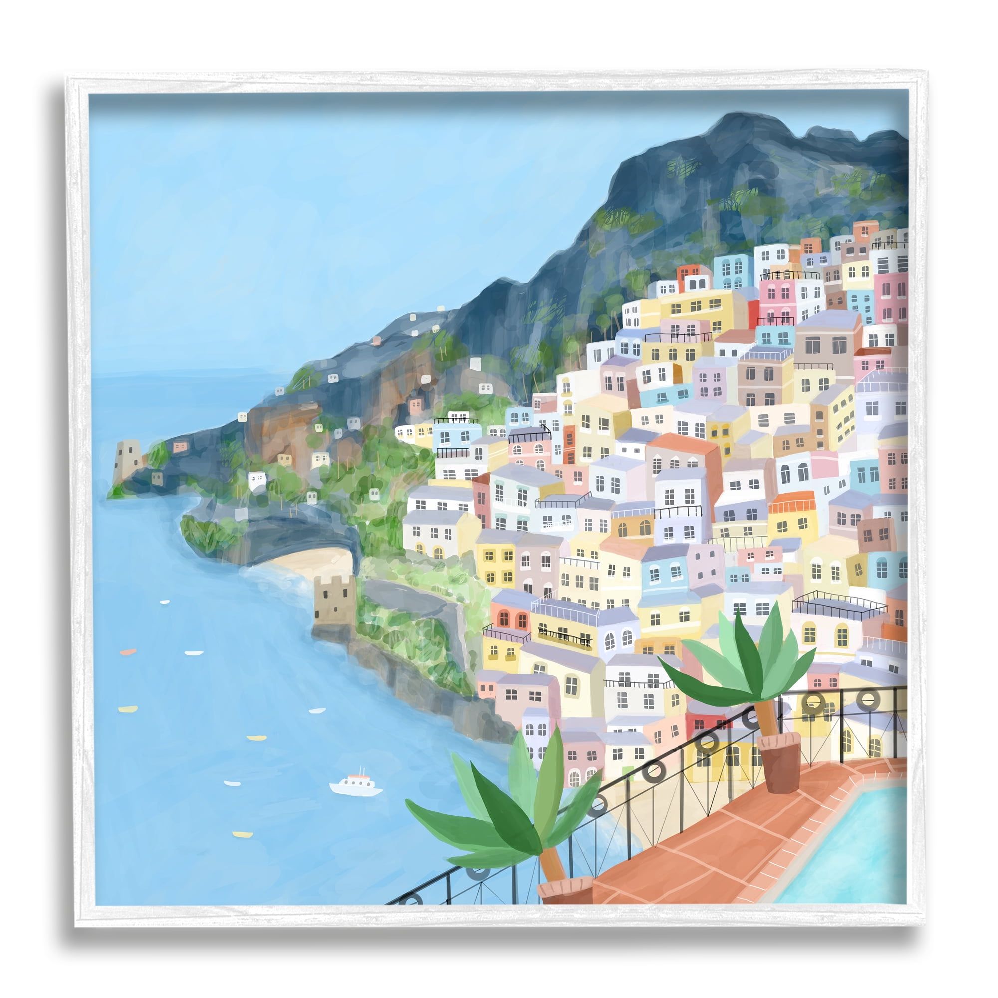 Positano Coastal Cityscape Canvas Print with White Frame, 17x17