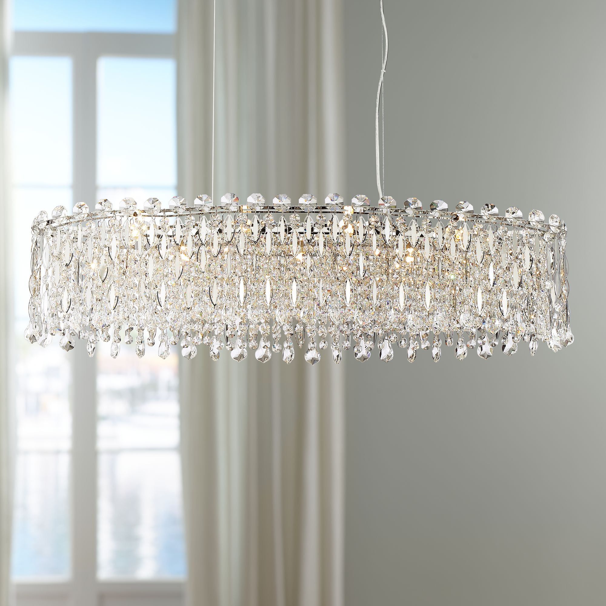 Elegant Chrome and Crystal 40" Drum Island Pendant