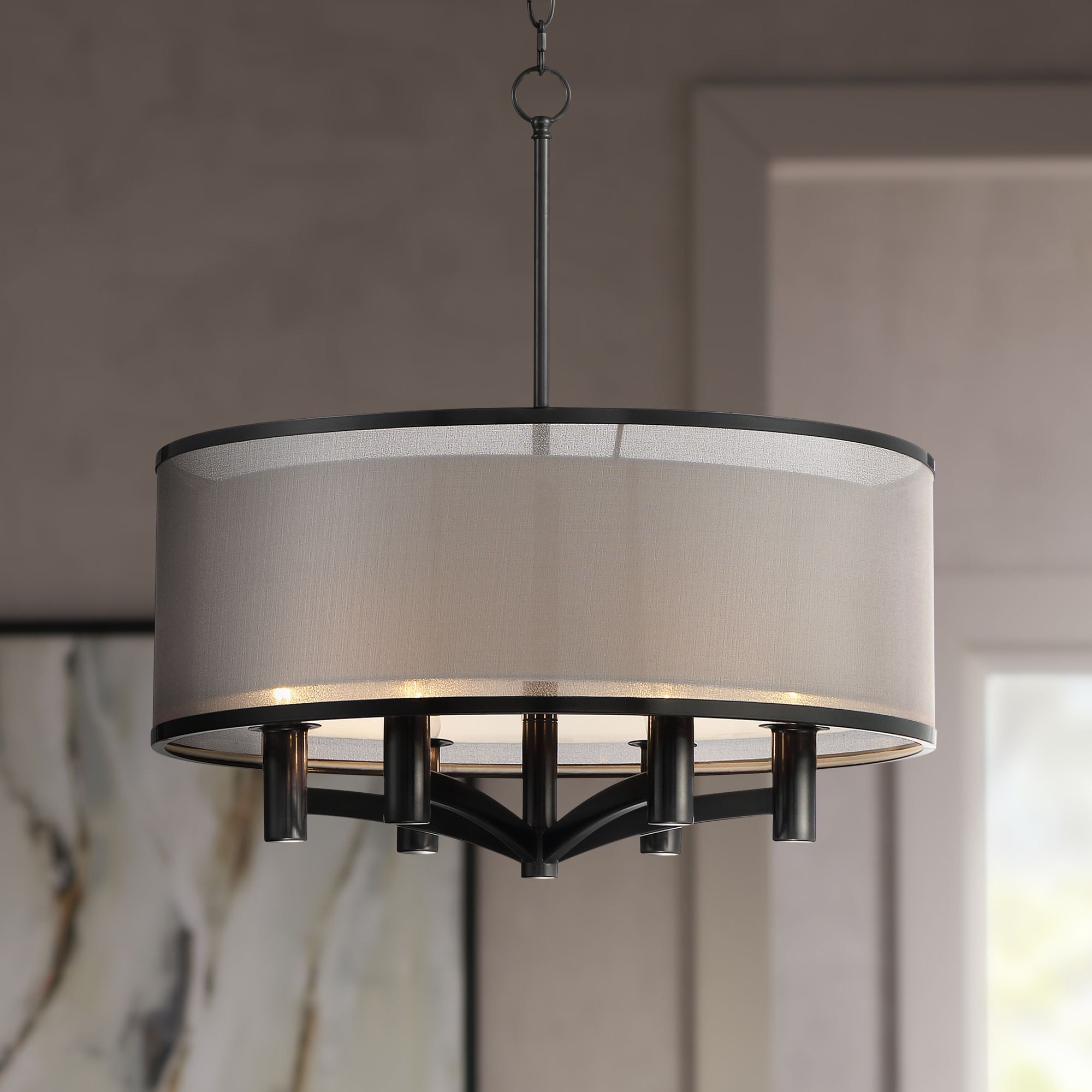 Elegant Black Double Drum 24" Pendant Light with White Inner Shade