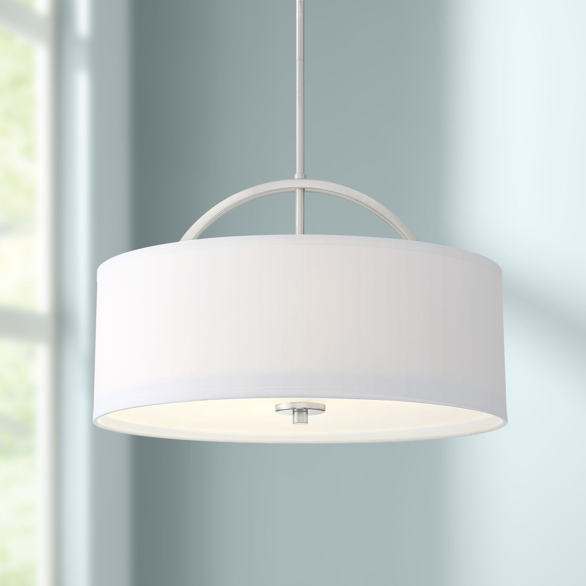 Elegant Brushed Nickel 23" Drum Pendant with White Linen Shade