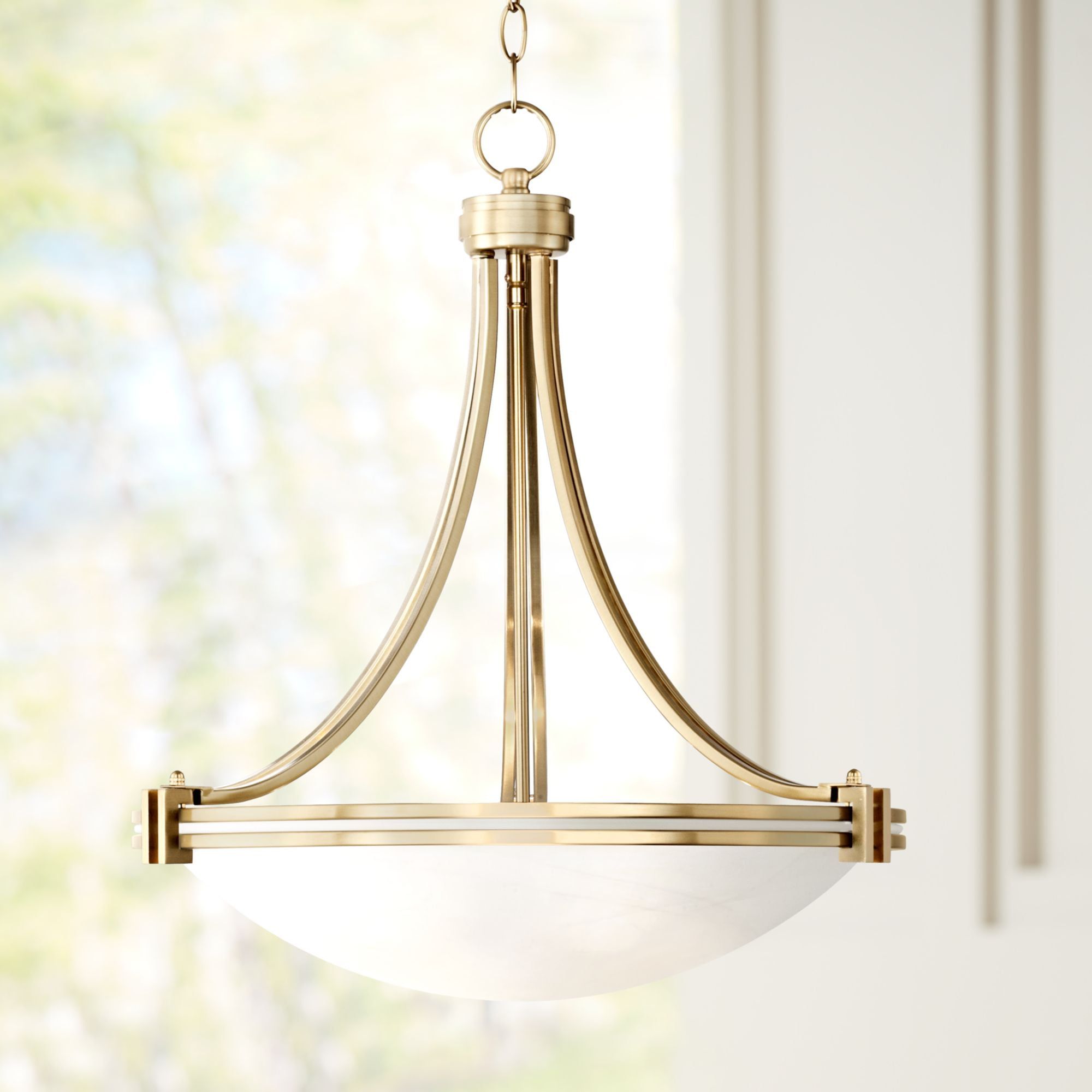 Art Deco Inspired Warm Brass and White Glass Bowl Pendant Chandelier