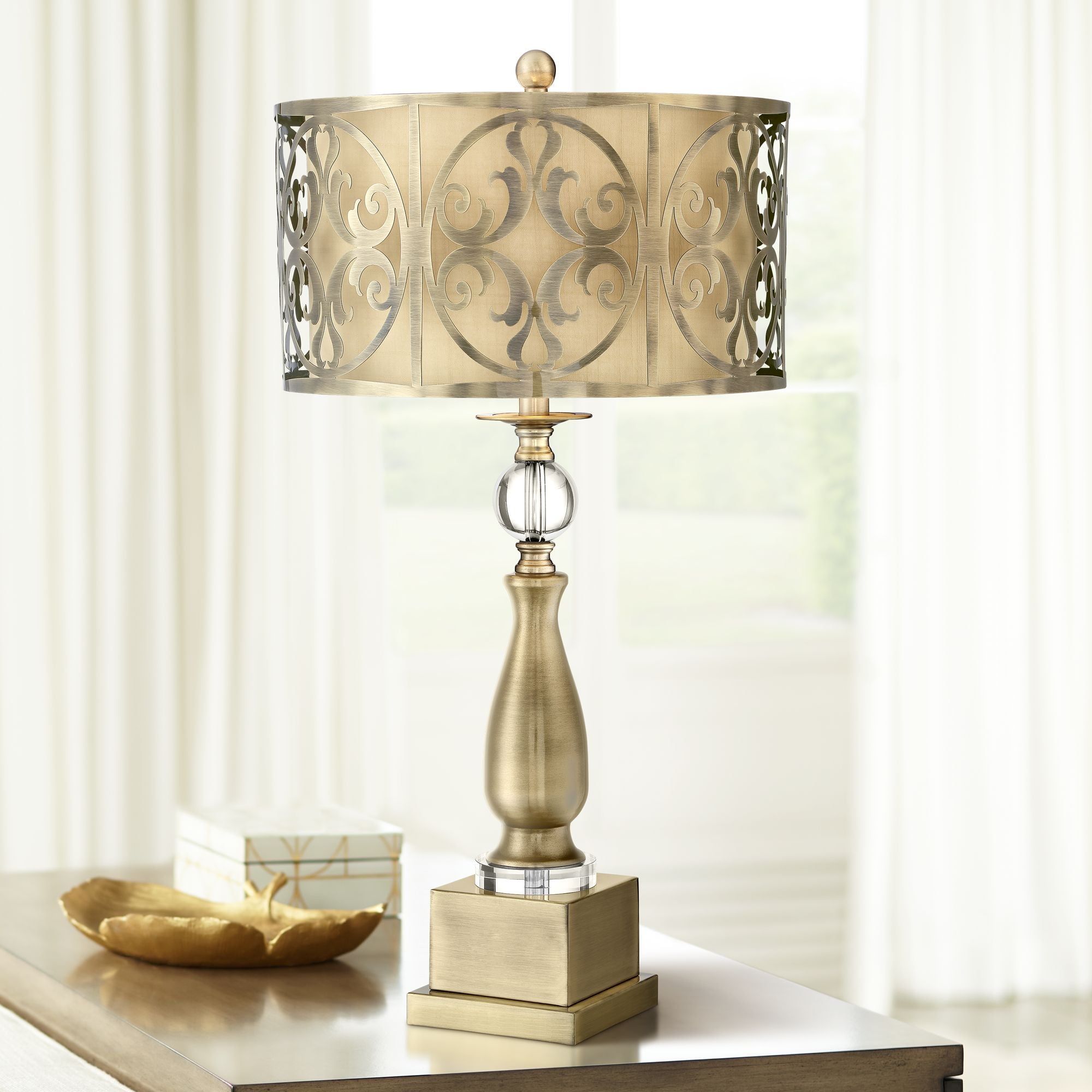 Brass Candlestick Table Lamp with Double Drum Shade